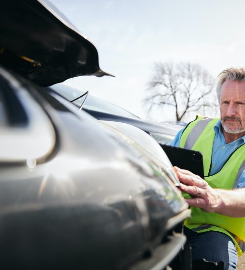 Mature Male Loss Adjuster With Digital Tablet Assessing Insurance Claim In Car Pound